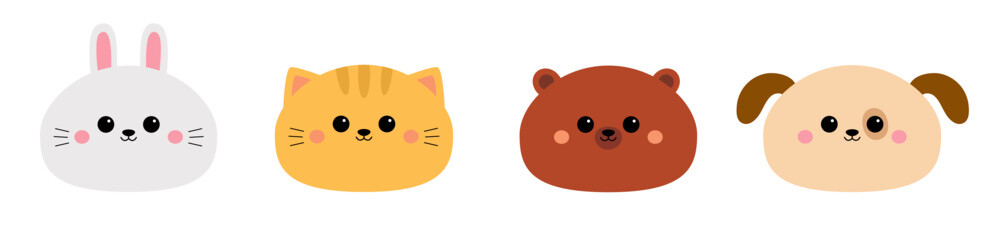 Cat kitten kitty, bear, dog puppy, rabbit bunny hare face icon set line. Cute cartoon character. Kawaii animal. Funny baby. Love card. Flat design. White background. Isolated.