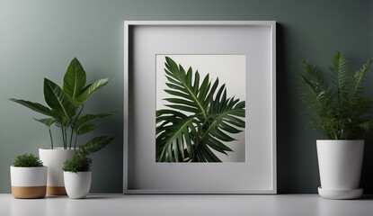 Green plant and a white frame on a gray background. AI generated