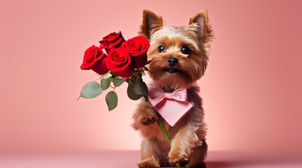 Cute funny dog holding with bouquet of roses in Valentin's day