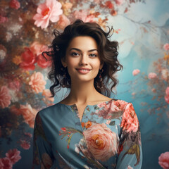 fotografia de mujer atractiva con vestido elegante y fondo con motivos florales