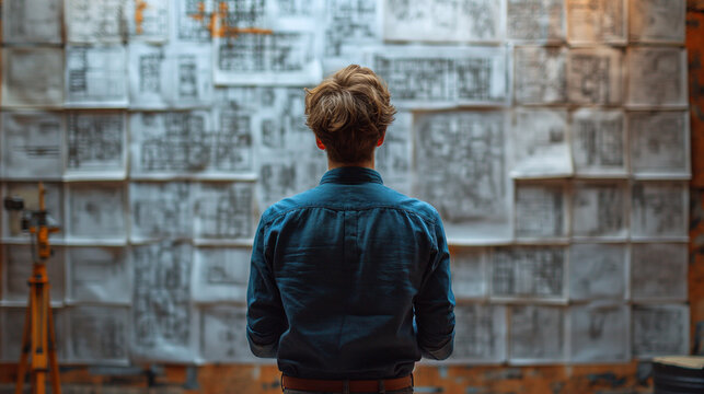 Professional engineer with a safety helmet intently checking complex blueprints at an industrial manufacturing plant.