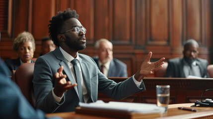 Court of Justice and Law Trial: Male Public Defender Presenting Case, Making Passionate Speech to Judge, Jury. African American Attorney Lawyer Protecting Client's Innocents with Supporting Argument. - obrazy, fototapety, plakaty