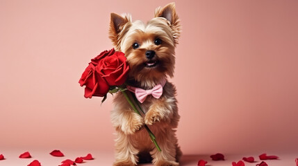 Cute funny dog holding with bouquet of roses in Valentin's day