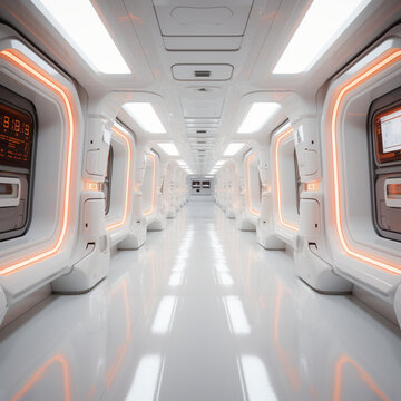 fondo con detalle de pasillo de nave espacial futurista con paredes y suelo de tonos claros