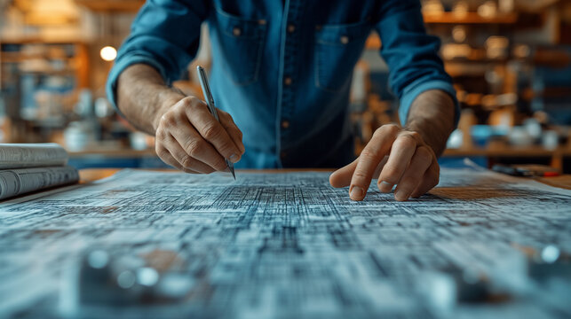 Professional engineer with a safety helmet intently checking complex blueprints at an industrial manufacturing plant.