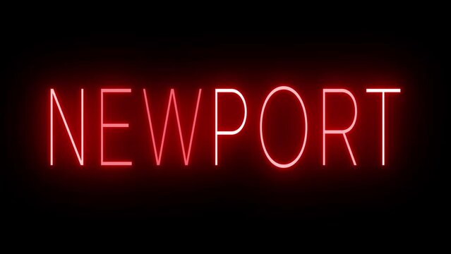 Flickering red retro style neon sign glowing against a black background for NEWPORT
