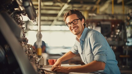 Portrait of a happy and confident male aerospace engineer works on an aircraft engine with expertise in technology and electronics in the aviation industry