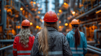 Group of engineer stands contemplatively with a hard hat, overseeing the busy operations of a bustling industrial facility.