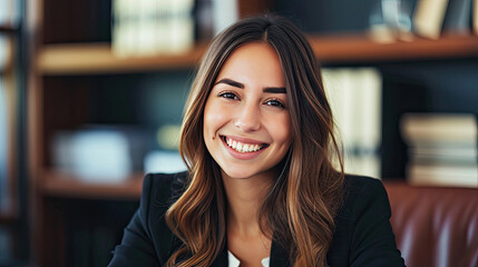 Portrait of a young female Lawyer or attorney working in the office, smiling and looking at the camera.