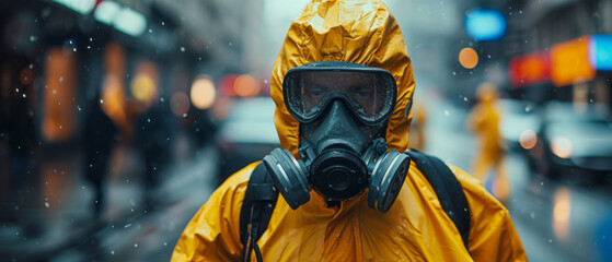 Man wearing bio hazard suits in on city streets due to pollution and contamination, working with team,generative ai - obrazy, fototapety, plakaty