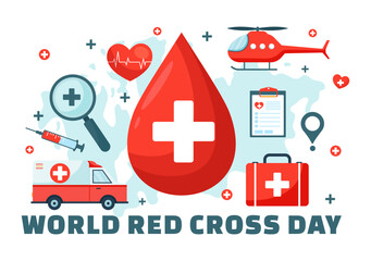 Fototapeta na wymiar World Red Cross Day Vector Illustration on May 8 to Medical Health and Providing Blood in Healthcare Flat Cartoon Background Design