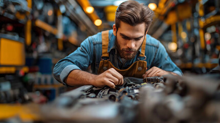 Skilled Mechanic Engineer Concentrating on Machinery Maintenance in overalls is focused on performing precise maintenance work on complex industrial machinery components.
