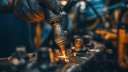 Skilled Mechanic Engineer Concentrating on Machinery Maintenance in overalls is focused on performing precise maintenance work on complex industrial machinery components. - obrazy, fototapety, plakaty