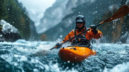 kayaker with whitewater kayaking, down a white water rapid river in the mountains, beautiful landscape background,henerative ai - obrazy, fototapety, plakaty