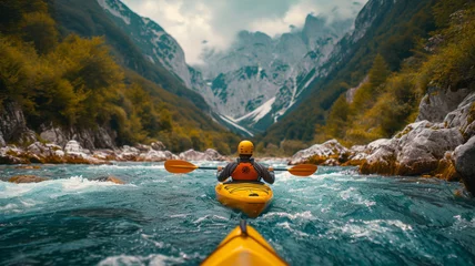 Gordijnen kayaker with whitewater kayaking, down a white water rapid river in the mountains, beautiful landscape background,henerative ai © Krisana