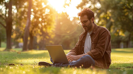 Smart guy with laptop at park with beautiful morning sunray at background.