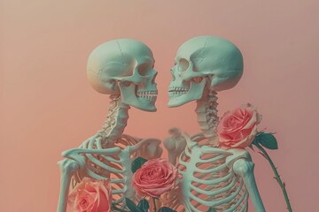 Two Human Skeleton Models Positioned Face to Face With Orange Roses Against a Coral Background