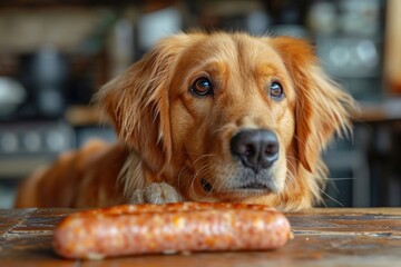 Curious Golden Retriever Eyeing a Juicy Sausage on a Wooden Table