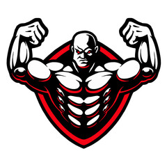 Muscular bodybuilder torso with strong raised arms, vector, logo, cartoon, mascot, character, illustration