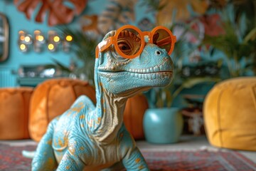 Fashionable Dinosaur Toy With Pink Sunglasses Against a Colorful Striped Background