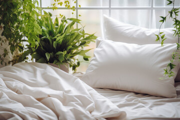 A serene and stylish bedroom setting, combining the clean, elegant lines of Scandinavian design with soft white bedding and soothing green plant decor.