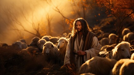 jesus walks on the hill with the sheep in the sun.