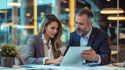 Team of diverse partners mature Latin business man and European business woman discussing project on tablet sitting at table in office. Two colleagues of professional business people working together.