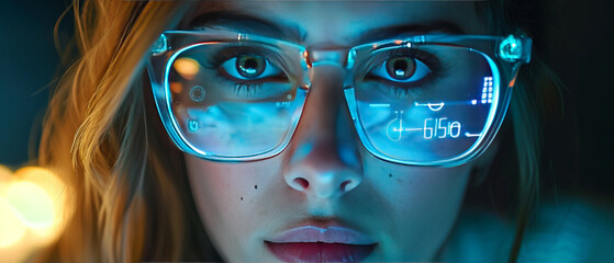 Portrait woman wearing high technology glasses with Data line icon on eyeglasses on woman's face, generative ai