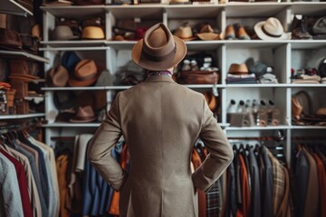 Fototapeta premium Dapper Gentleman Browsing Through an Elegant Menswear Store Full of Suits and Accessories