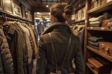 Fototapeta premium Woman Browsing Apparel in a Cozy Boutique Clothing Store at Evening