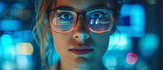 Portrait woman wearing high technology glasses with Data line icon on eyeglasses on woman's face, generative ai