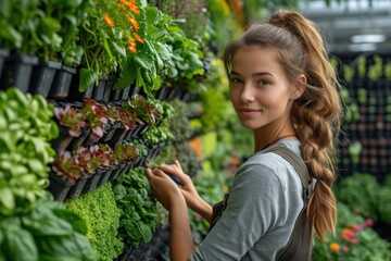 Young Female Gardener Smiling by a Lush Vertical Garden Display