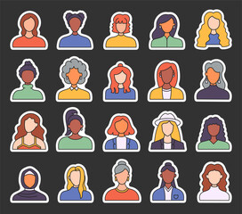 Women face avatars. Sticker Bookmark. Unknown or anonymous person. Different user profile. Hand drawn style. Vector drawing. Collection of design elements.
