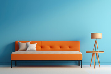 A fusion of comfort and style, this bedroom's art deco interior is accentuated by a striking orange and blue wall, ideal for a modern, luxurious home.