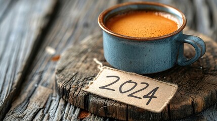 fresh cup of coffee with 2024 tag on wooden table, retro style