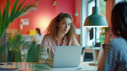 Women office worker discussing a new project with a colleague during the working day in co-working