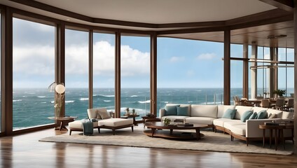 High-resolution interior architectural view of a mansion's living room with expansive glass windows overlooking the ocean, while a hurricane rages outside with torrential rain. generative AI - obrazy, fototapety, plakaty