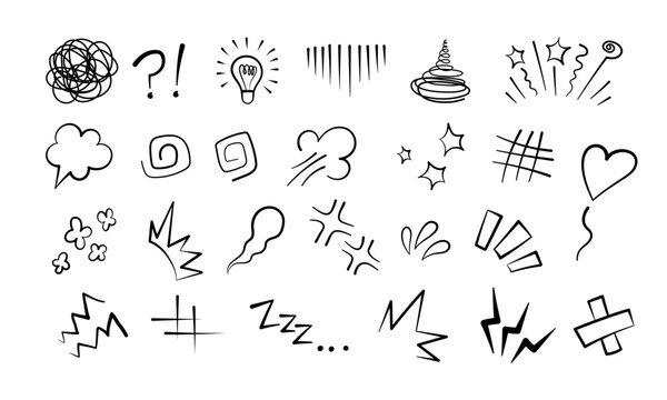 Manga or anime comic emoticon element graphic effects hand drawn doodle vector illustration set isolated on white background. Cartoon style manga doodle line expression scribble anime mark collection.