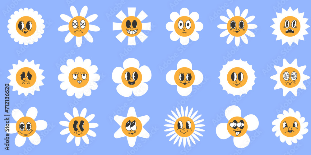 Wall mural set of daisy flowers with cute retro faces. various emotions. cute flower on a blue background. big 