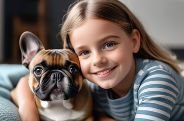 A little girl cuddles a French bulldog with love, epitomizing friendly pet companionship. Care and responsibility for the pet. Dog and human are best friends