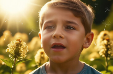 A boy sneezing among flowering bushes in a park in sunlight. Children's allergies to blossoms and pollen. Spring exacerbation of allergies to flowers and flowering plants