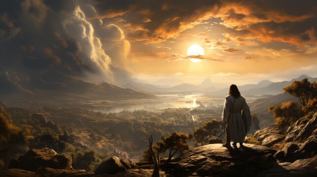 jesus with his sheep on hillside.