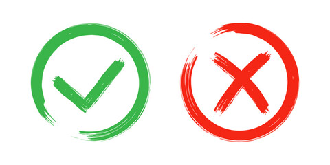 Two dirty grunge cross x and tick OK check marks in check boxes, hand drawn with brush strokes vector illustration isolated on white background. Check mark symbol NO and YES buttons for web vote, etc. - obrazy, fototapety, plakaty