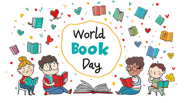 Illustration of children reading a picture book on World Book Day.