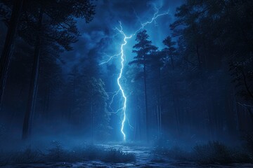 Photorealistic rendering of a lightning bolt illuminating a forest at night