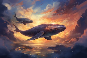 Majestic sky whales, soaring through the heavens with grace and tranquility - Generative AI - obrazy, fototapety, plakaty