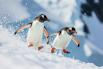 Playful penguins tobogganing down an icy slope in Antarctica - obrazy, fototapety, plakaty