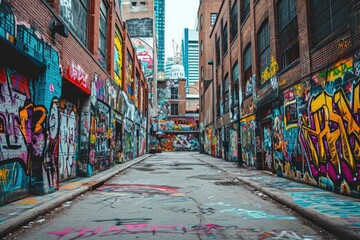 Fototapeta premium Vibrant graffiti art covering an entire alleyway, creating an urban open-air gallery.