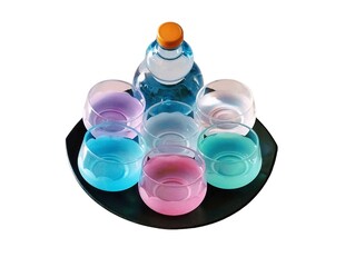 In the picture are six plastic water glasses, green, blue, pink, purple, white, and light orange. There is a water bottle with a brown lid placed together in a black tray. 