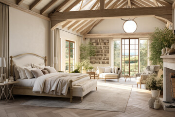 Combining the rustic allure of French country with contemporary design, this modern bedroom offers a peaceful and stylish farmhouse experience. - obrazy, fototapety, plakaty